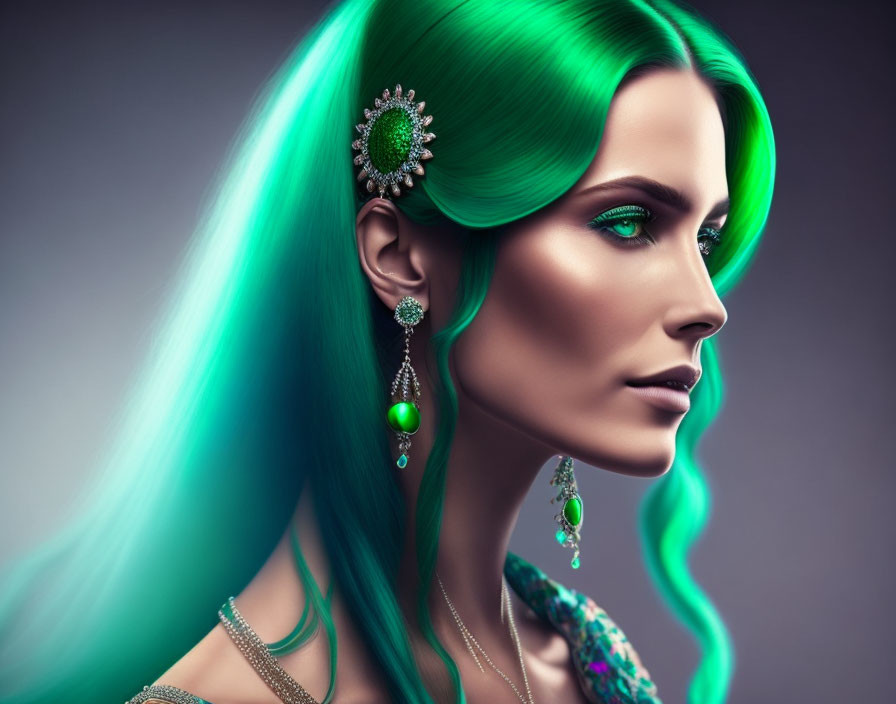 Vibrant green hair woman with matching eyeshadow and elegant jewelry