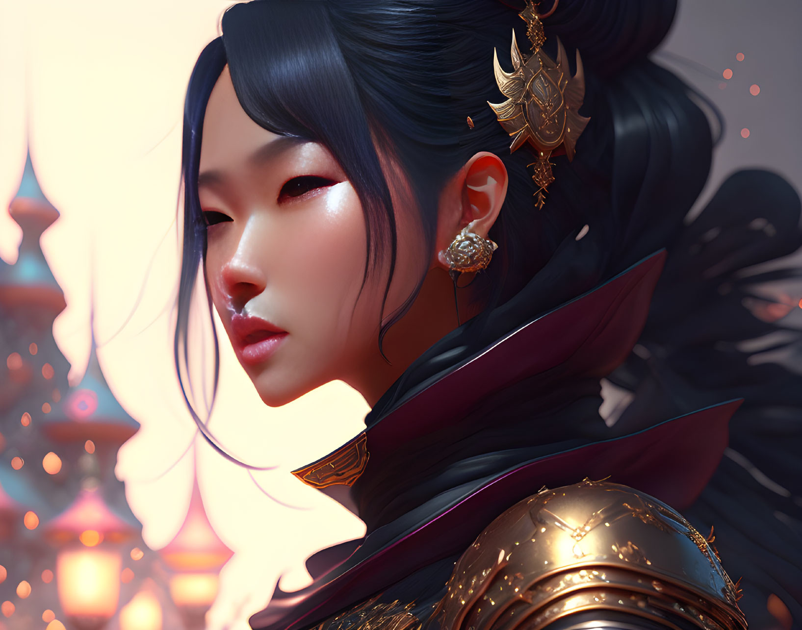 Asian woman in golden armor with mystical background