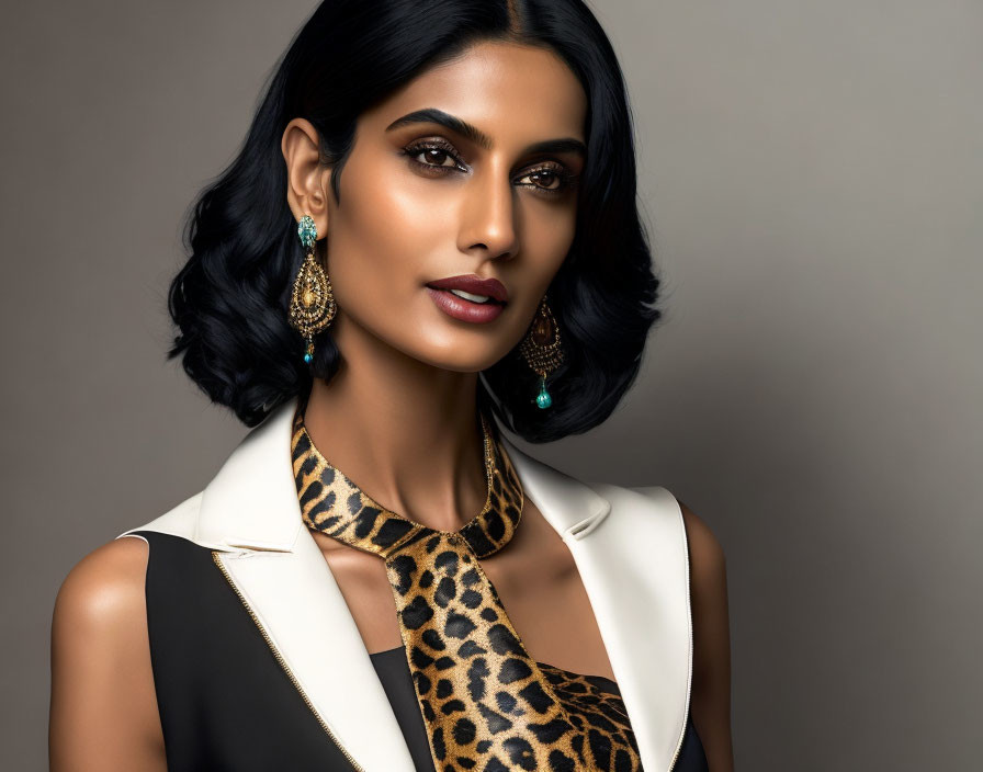 Dark-haired woman in white jacket with leopard print scarf and turquoise earrings