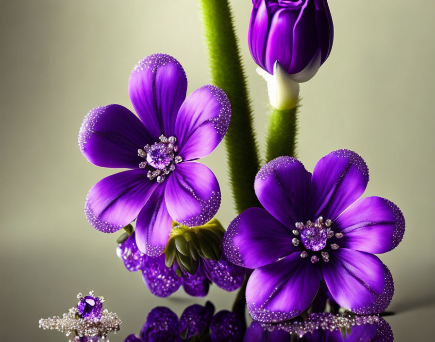 Vibrant Purple Flowers with Water Droplets and Jewel-like Decorations on Soft Gray Background