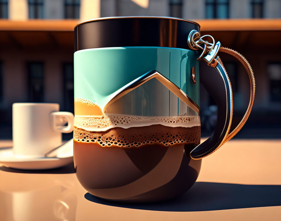 Digitally Rendered Image: Large Turquoise Coffee Mug with Zipper Opening, Foamy Liquid,