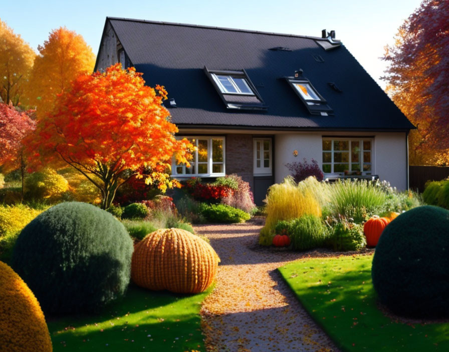 Charming house with dark roof, white walls in autumn garden.