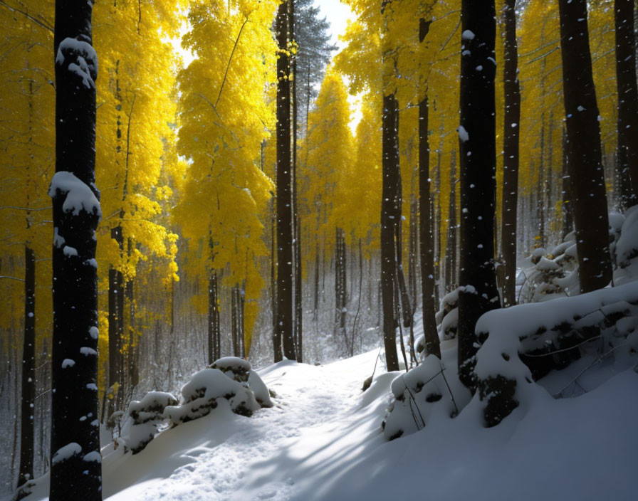 Snow-covered forest path with dark tree trunks and vibrant yellow autumn leaves