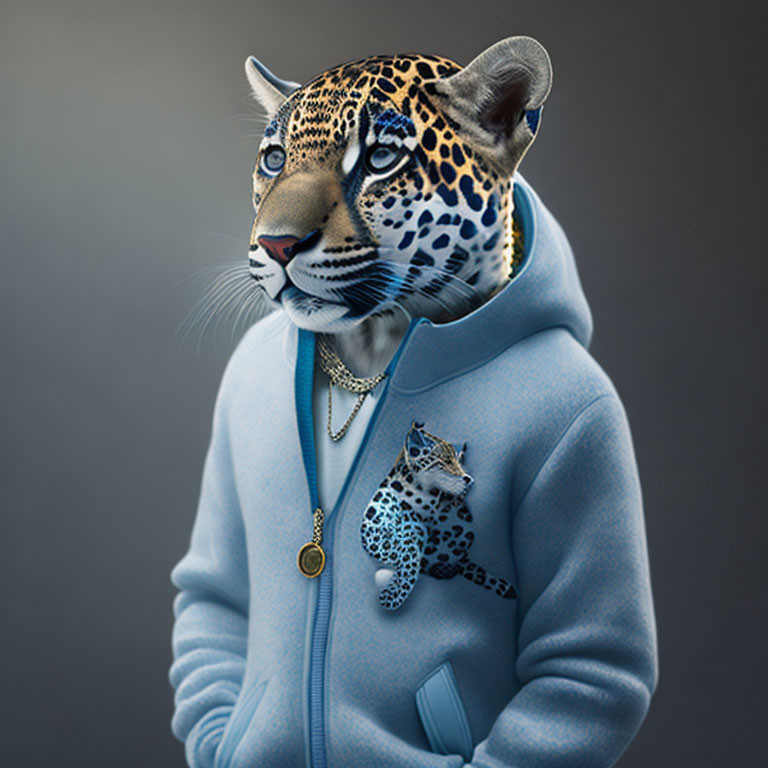 Digital Artwork: Jaguar-human hybrid in blue hoodie with cub design and gold necklace on grey background