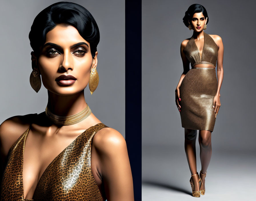 Gold Metallic Dress with Deep Neckline and Hoop Earrings