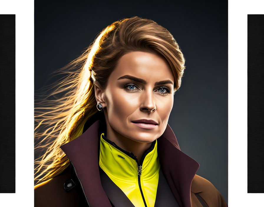 Styled woman in yellow top and dark jacket against two-tone background with strong lighting