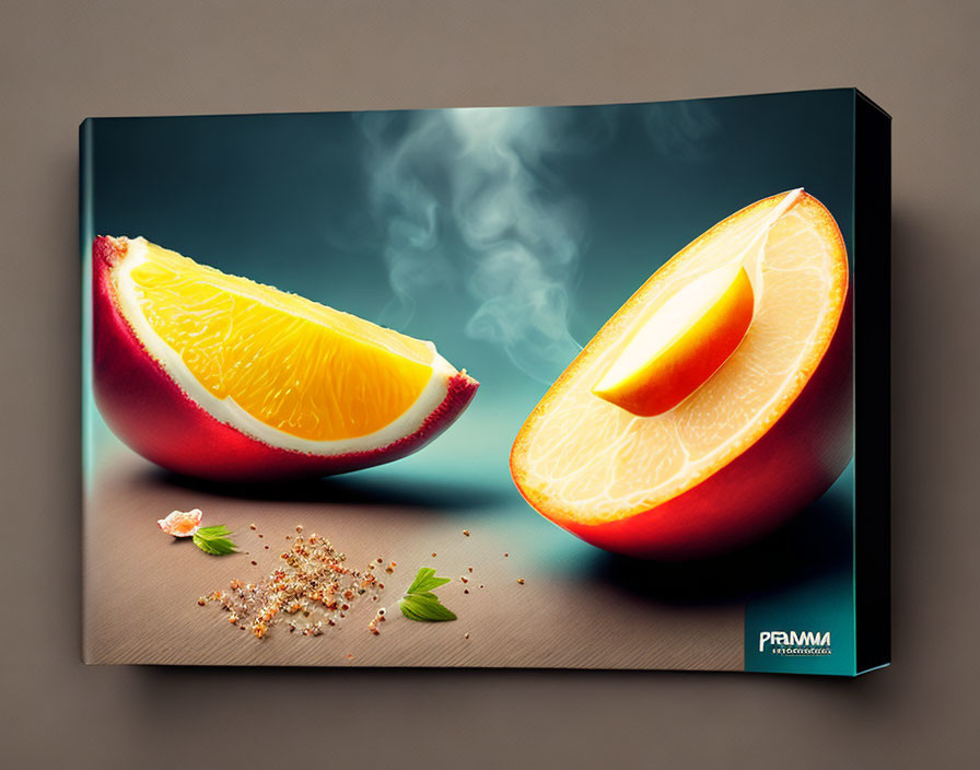 Halved orange canvas print with steam and spices on dark background