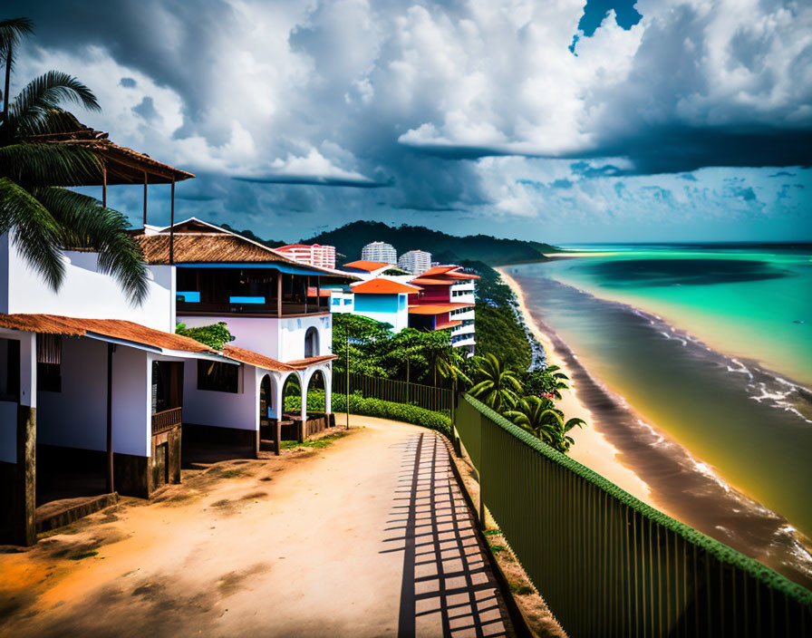 Oceanfront buildings and lush greenery in coastal town under dramatic sky