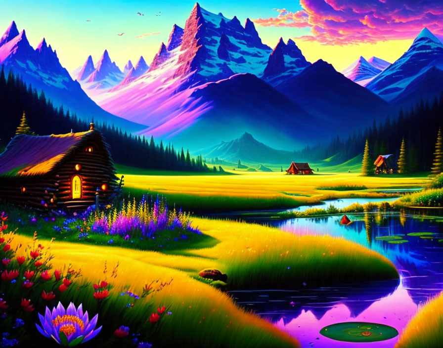 Tranquil lake, blooming flowers, cozy cabin, majestic mountains at twilight