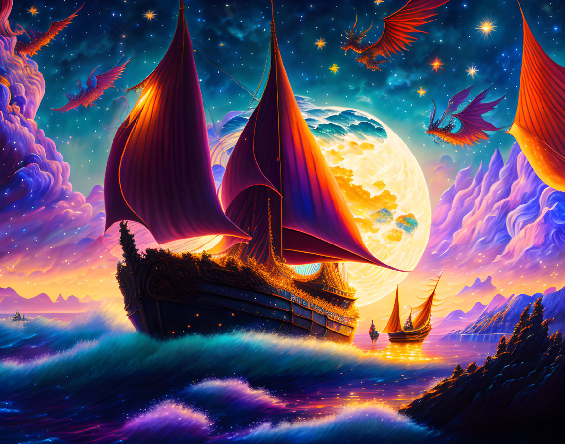 Colorful fantasy seascape with ships, full moon, and mythical birds