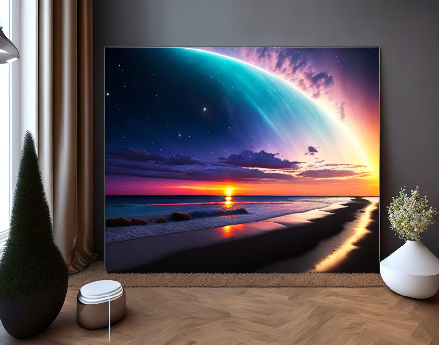 Wall-mounted TV shows sunset beach scene in modern living room