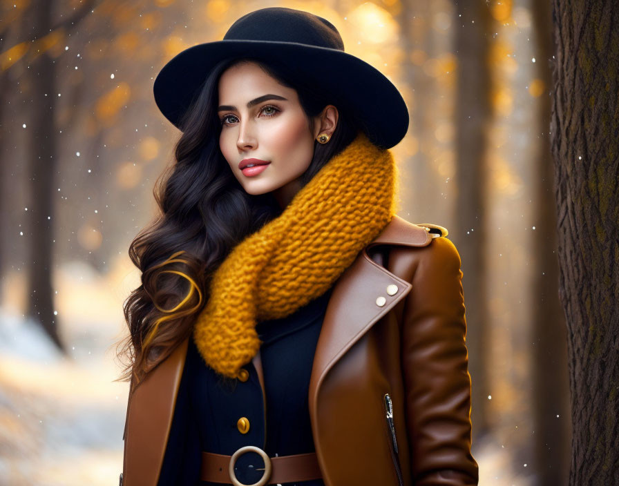 Stylish woman in autumn outfit on snow-dusted forest path