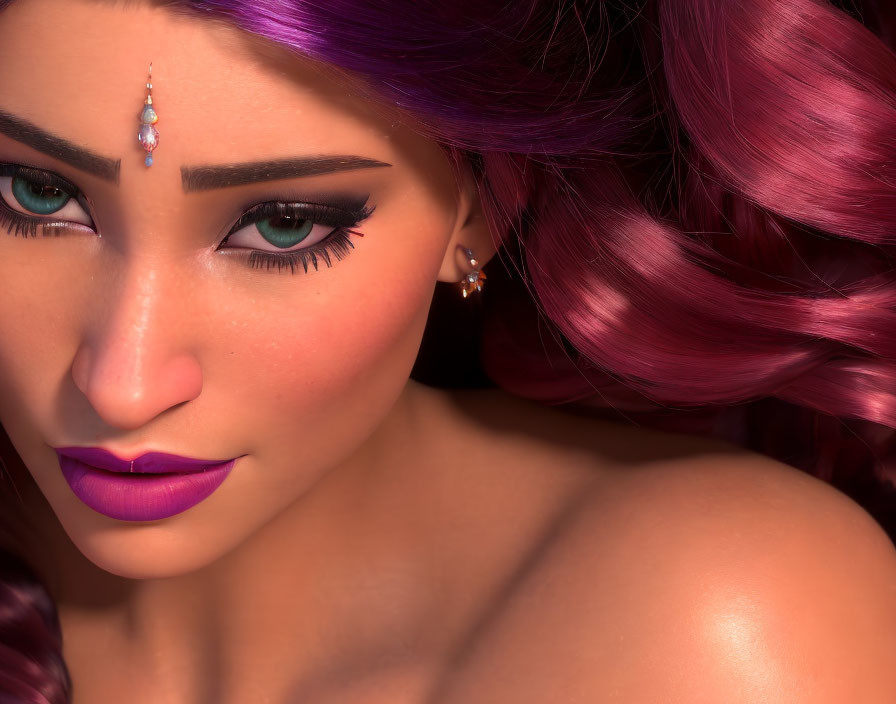 Detailed 3D animated woman with purple hair and facial jewelry