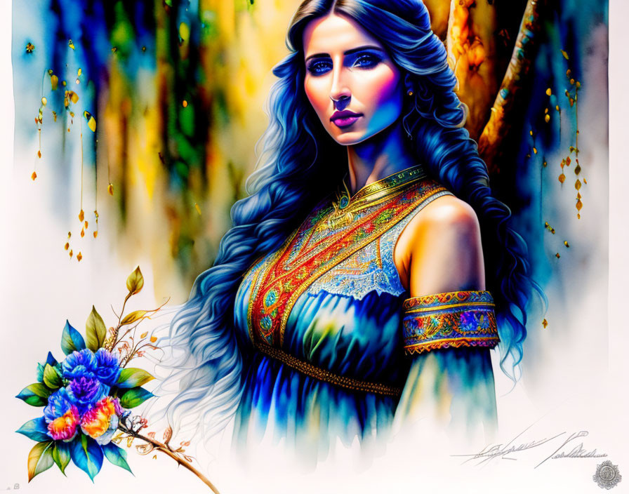 Illustration: Woman with Long Blue Hair in Traditional Attire and Floral Nature Background