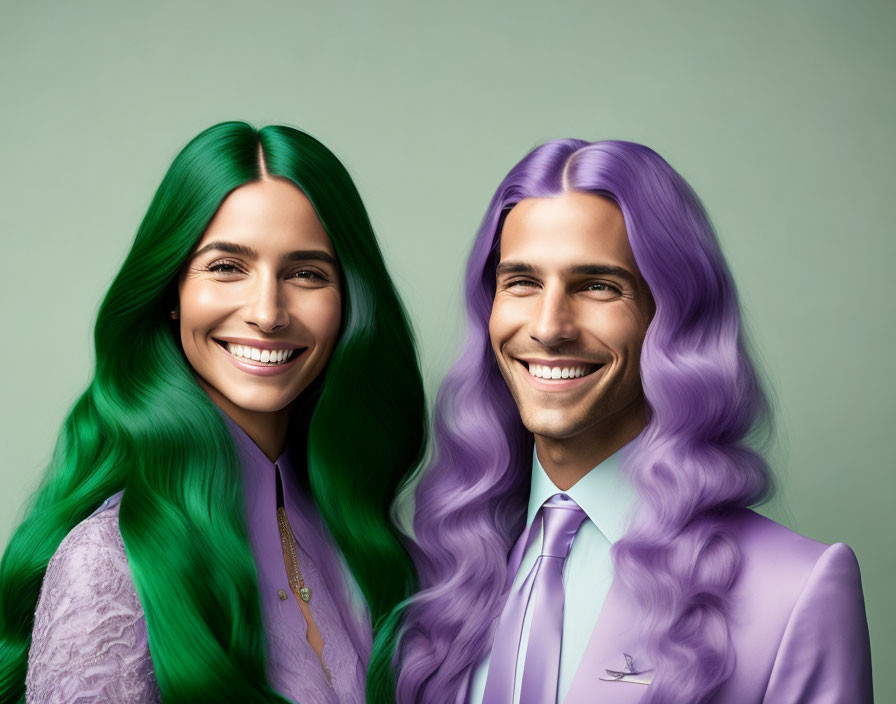 Colorful-haired couple in formal wear against green background