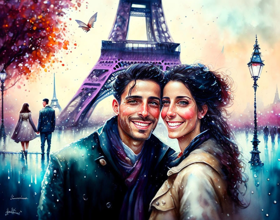 Smiling couple at Eiffel Tower on rainy autumn day