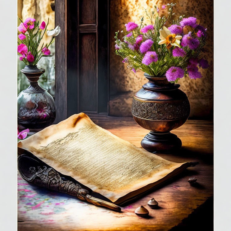 Vintage book, quill pen, vases, flowers on wooden table