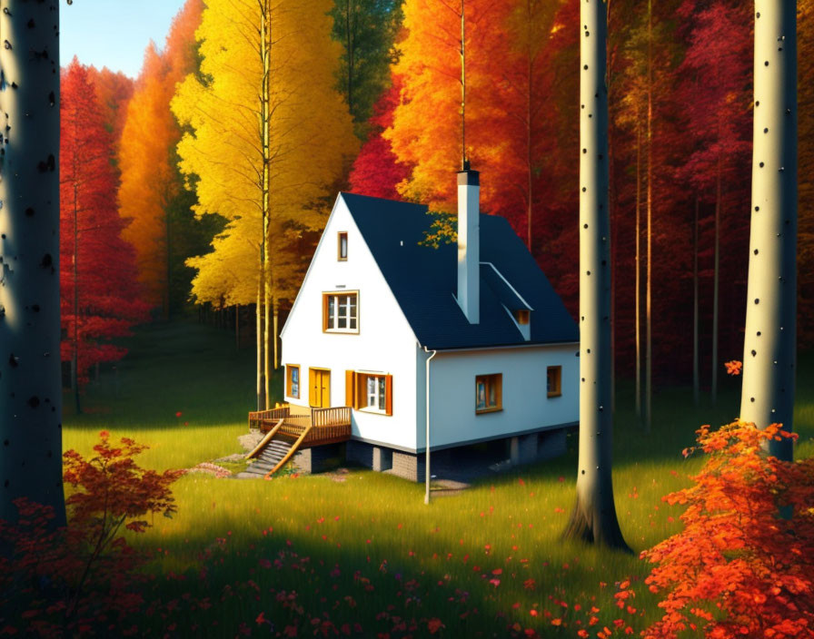 White House with Blue Roof in Autumn Forest Scene