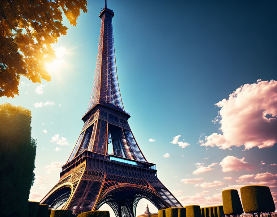 Iconic Eiffel Tower against blue sky and greenery