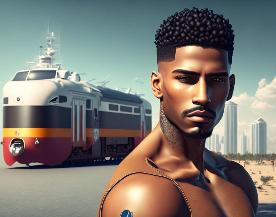 Stylized man with beard and curly hair in futuristic cityscape