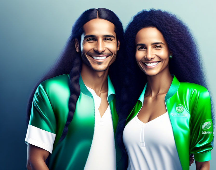 Smiling couple in matching green sports shirts on blue background