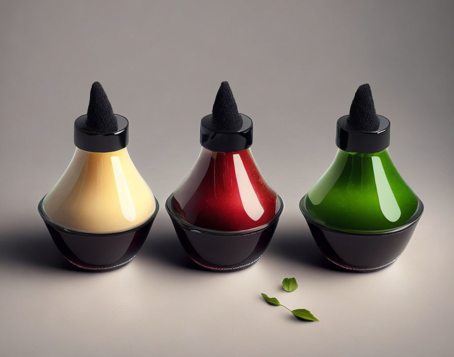 Colorful liquids in conical flasks with stopper and leaves on neutral background