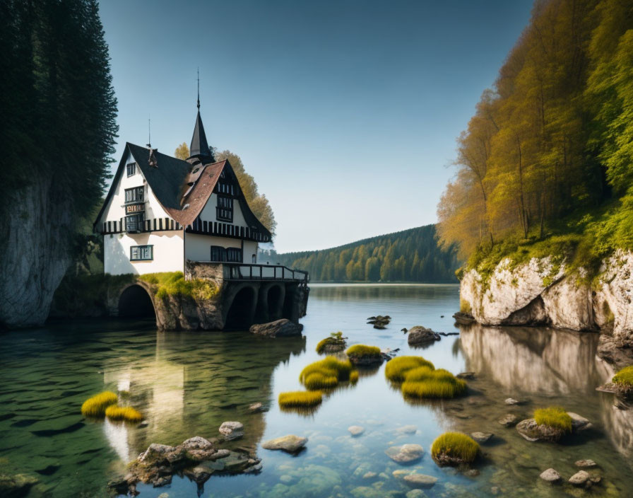 Tranquil lakeside scene with white house, spire, lush greenery, cliff, clear