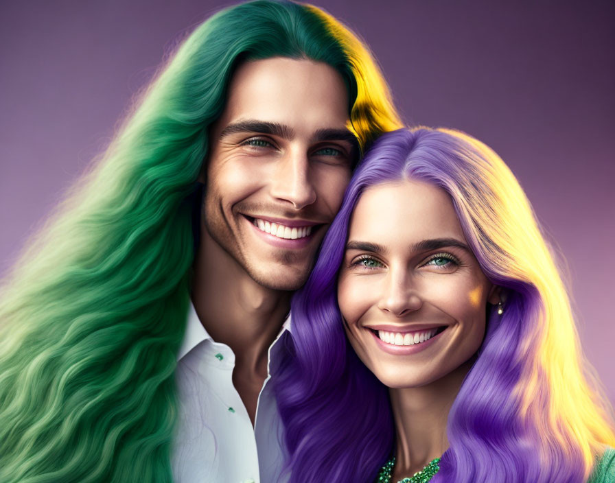 Colorful digital artwork of smiling man and woman with vibrant green and purple hair