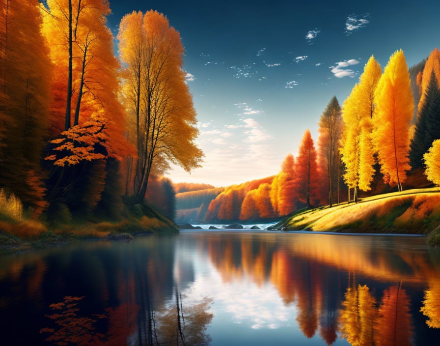 Vibrant orange and yellow autumn trees by calm river under blue sky