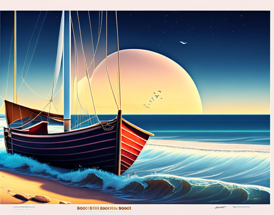 Tranquil digital art: boat on beach under surreal moon