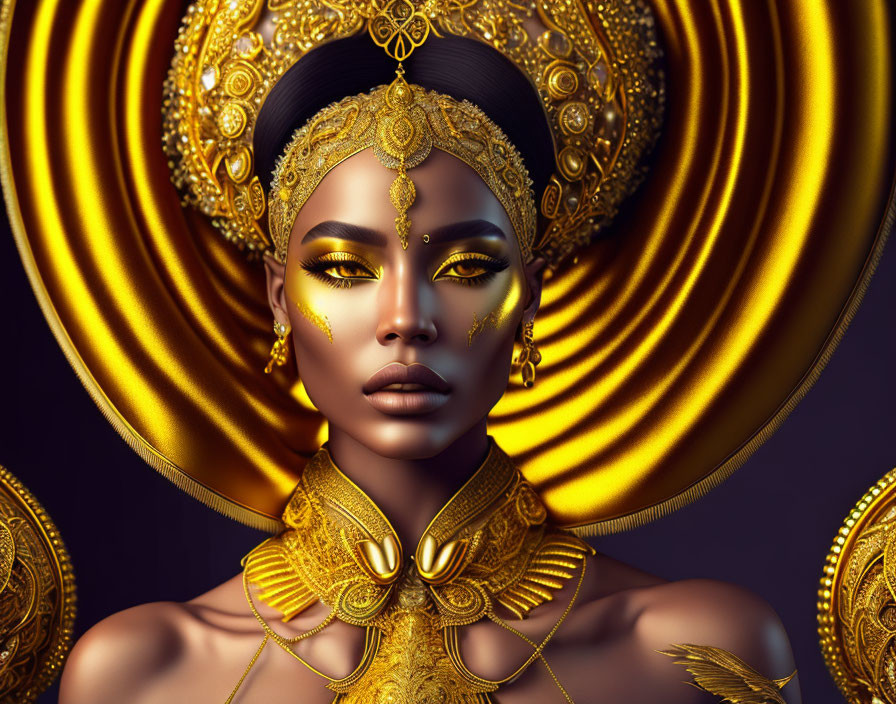 Regal woman in gold jewelry and headpiece on golden background