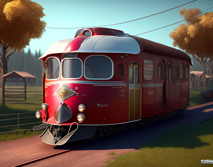 Red Vintage Train on Countryside Tracks with Sunlight and Farmland