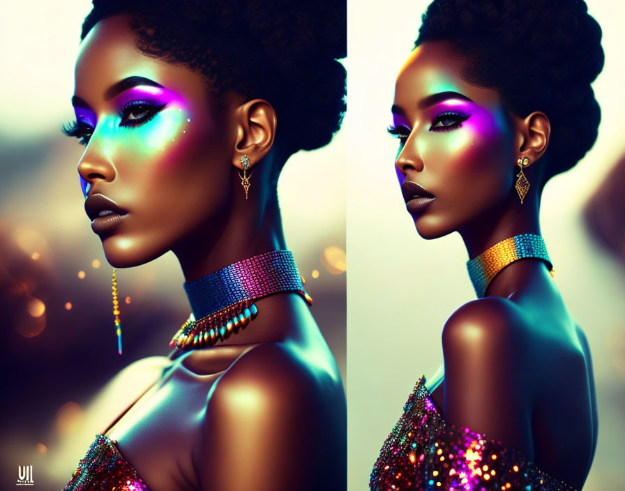 Vibrant holographic makeup and glamorous jewelry on woman in two poses