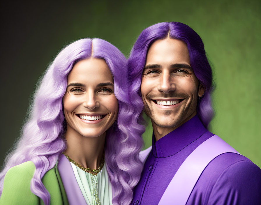 Smiling couple with purple hair in purple suit and green top against green backdrop