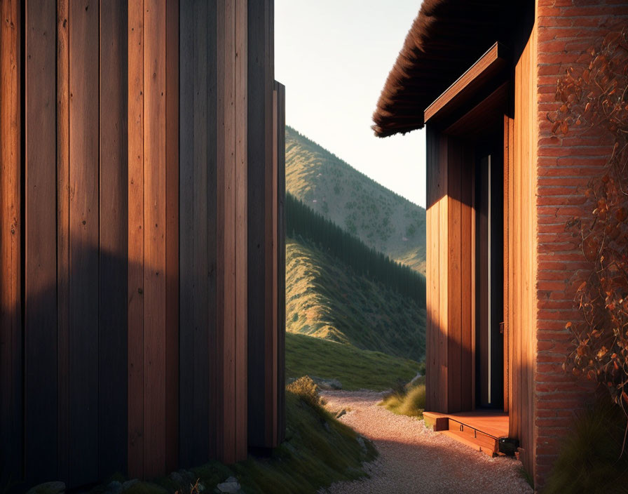 Tranquil Path Between Modern Facades and Green Hills