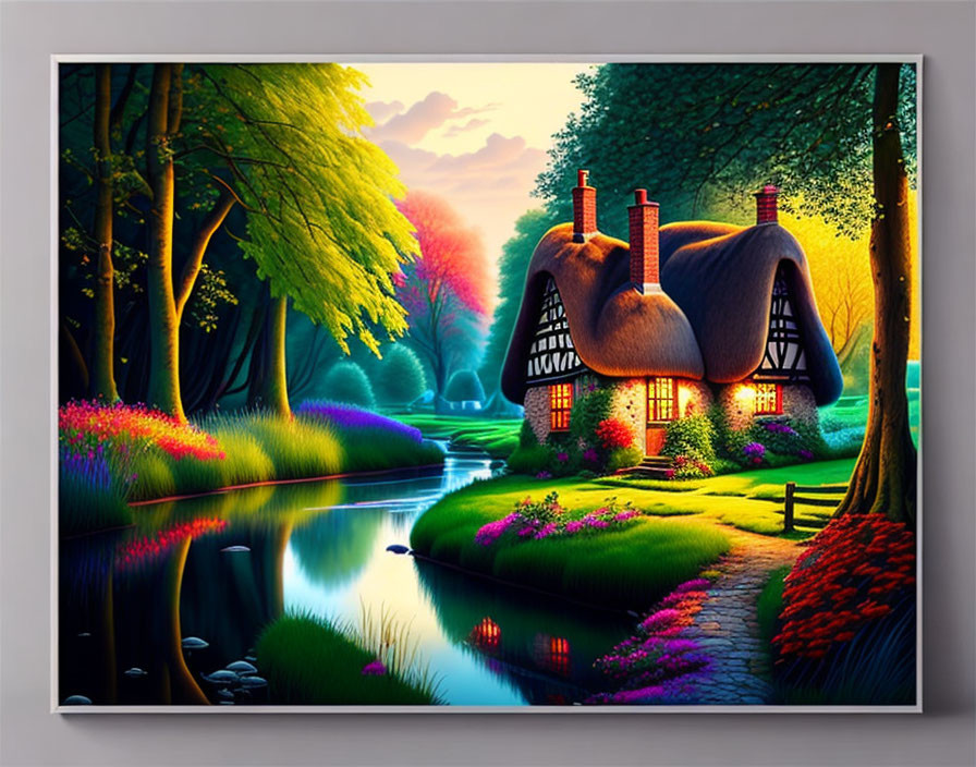 Thatched Cottage by Serene River in Twilight