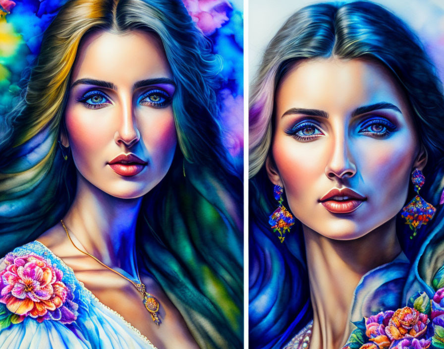 Colorful diptych of woman with blue eyes & flowers, transitioning from cool to warm colors