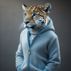 Digital Artwork: Jaguar-human hybrid in blue hoodie with cub design and gold necklace on grey background