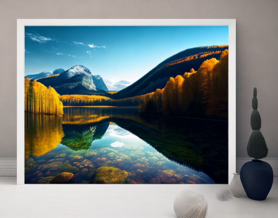 Large Framed Landscape Photograph of Serene Lake and Autumn Trees in Modern Room