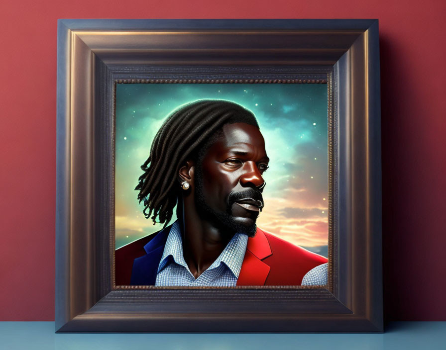 Man with dreadlocks in red jacket on cosmic backdrop - Framed illustration on burgundy wall