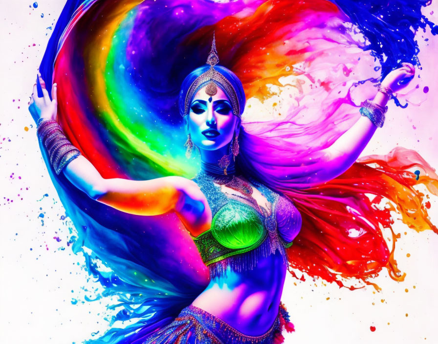 Colorful traditional attire dancer surrounded by rainbow swirls