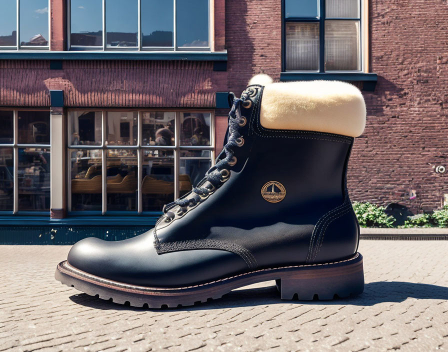 Black Leather Boot with Cream Fur Lining on Cobblestone Street