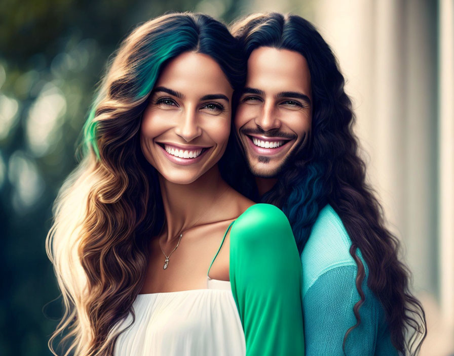 Couple embracing with long wavy hair, woman in white dress, man in teal shirt