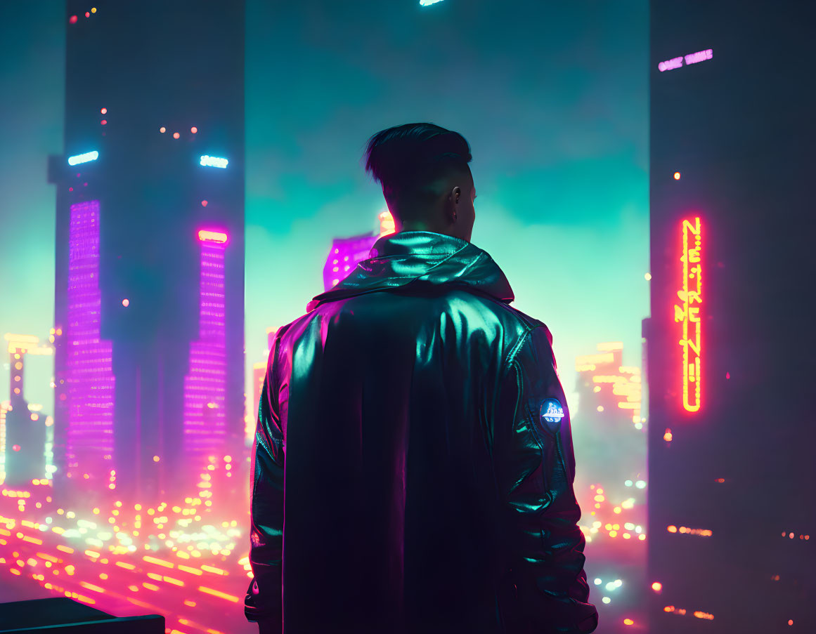 Man in leather jacket gazes at neon-lit cityscape at night with misty skyscrapers