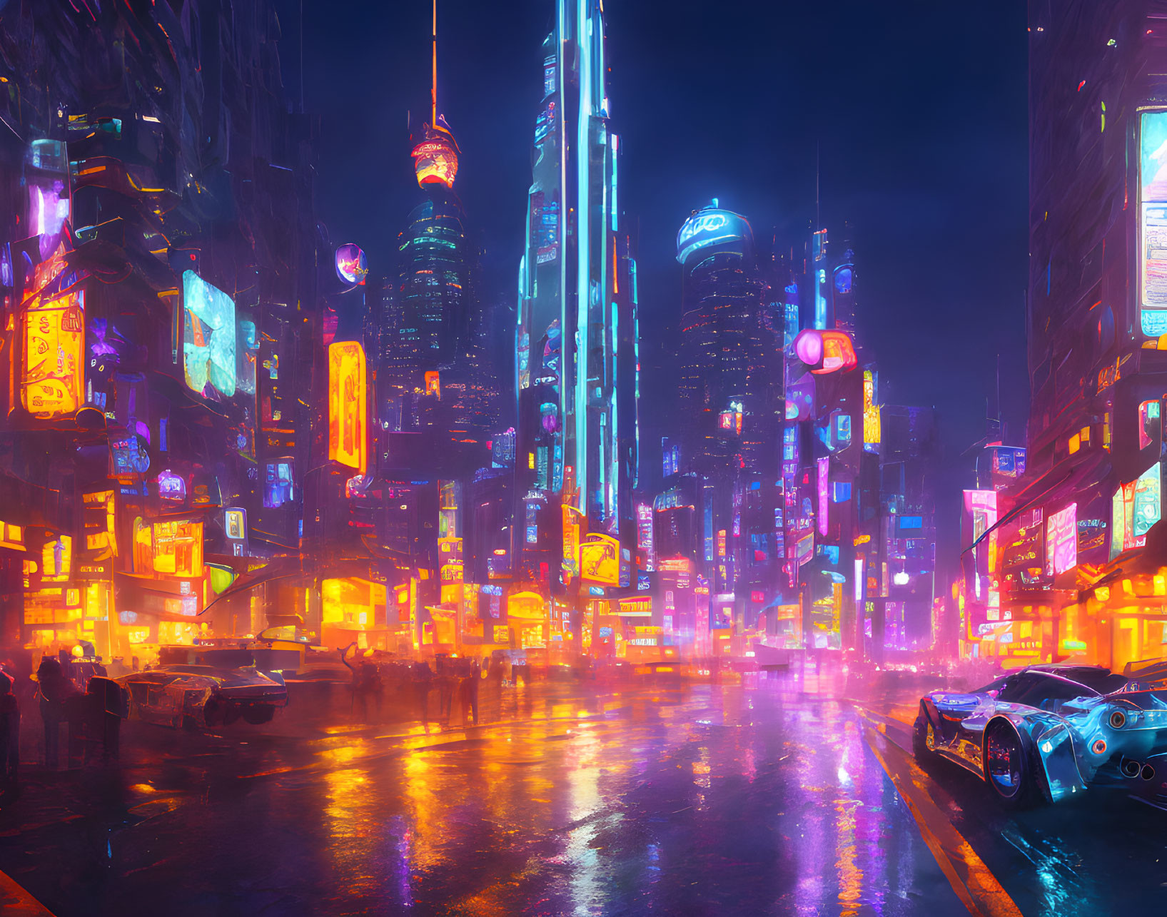 Vibrant neon-lit city street at night with skyscrapers, billboards, sports car