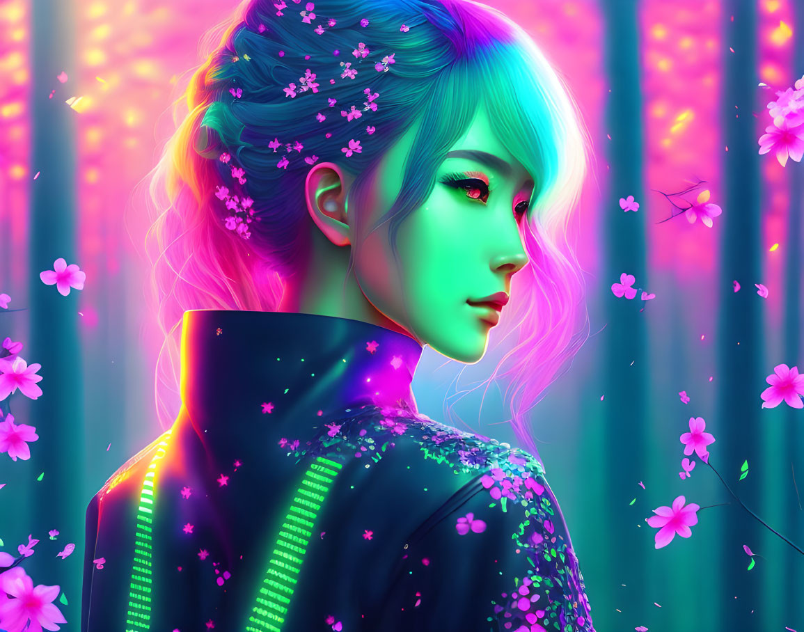 Colorful digital artwork: person with vibrant hair and green skin among neon flowers.