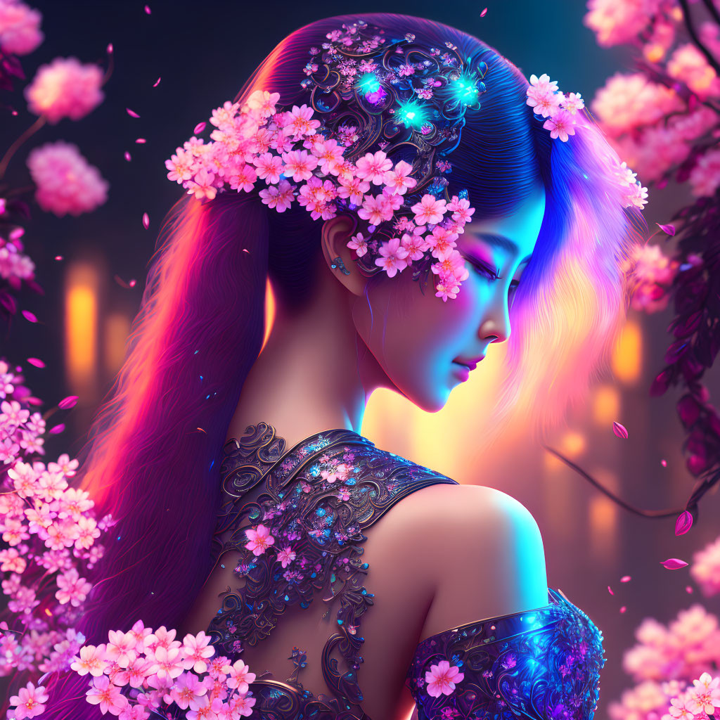 Vibrant blue hair woman with glowing flowers in digital art