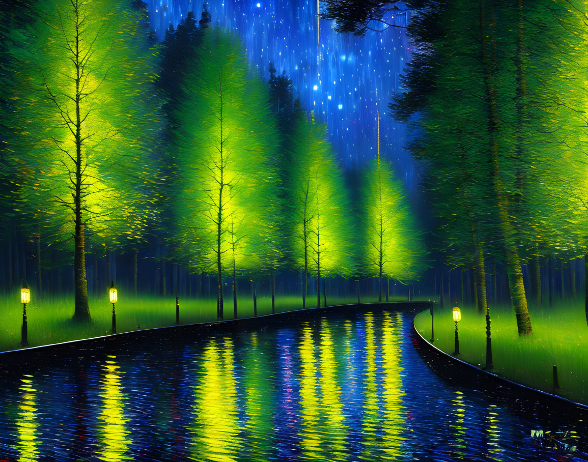 Luminous forest night landscape with reflective trees and twinkling stars