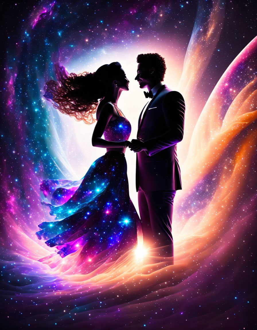 Romantic couple in cosmic embrace with swirling galaxies and vibrant interstellar hues