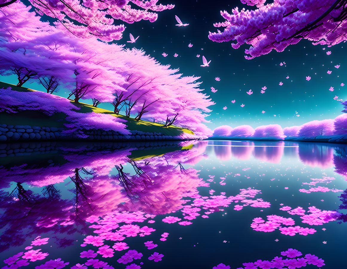 Serene lake with pink cherry blossoms under a starry night sky